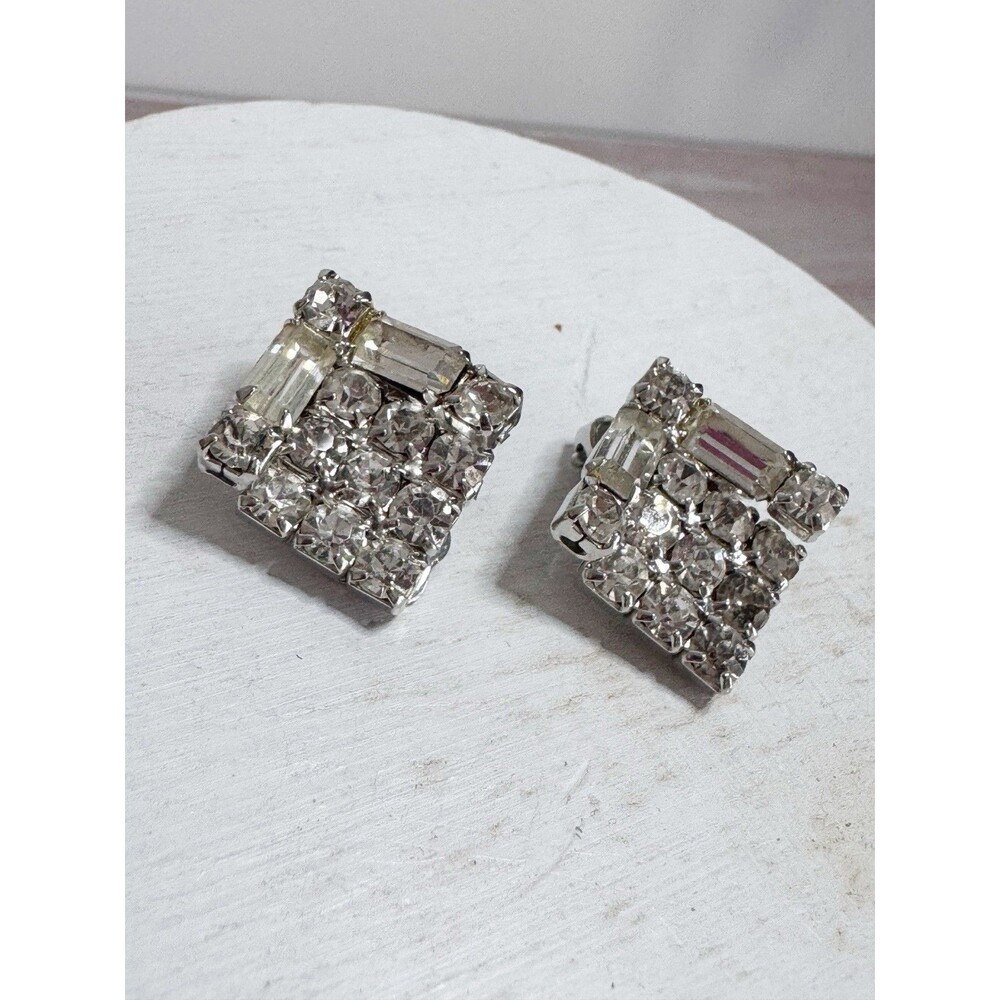 Vintage Clear Rhinestone Clip On Earrings Baguettes Mid Century Glam Eveningwear